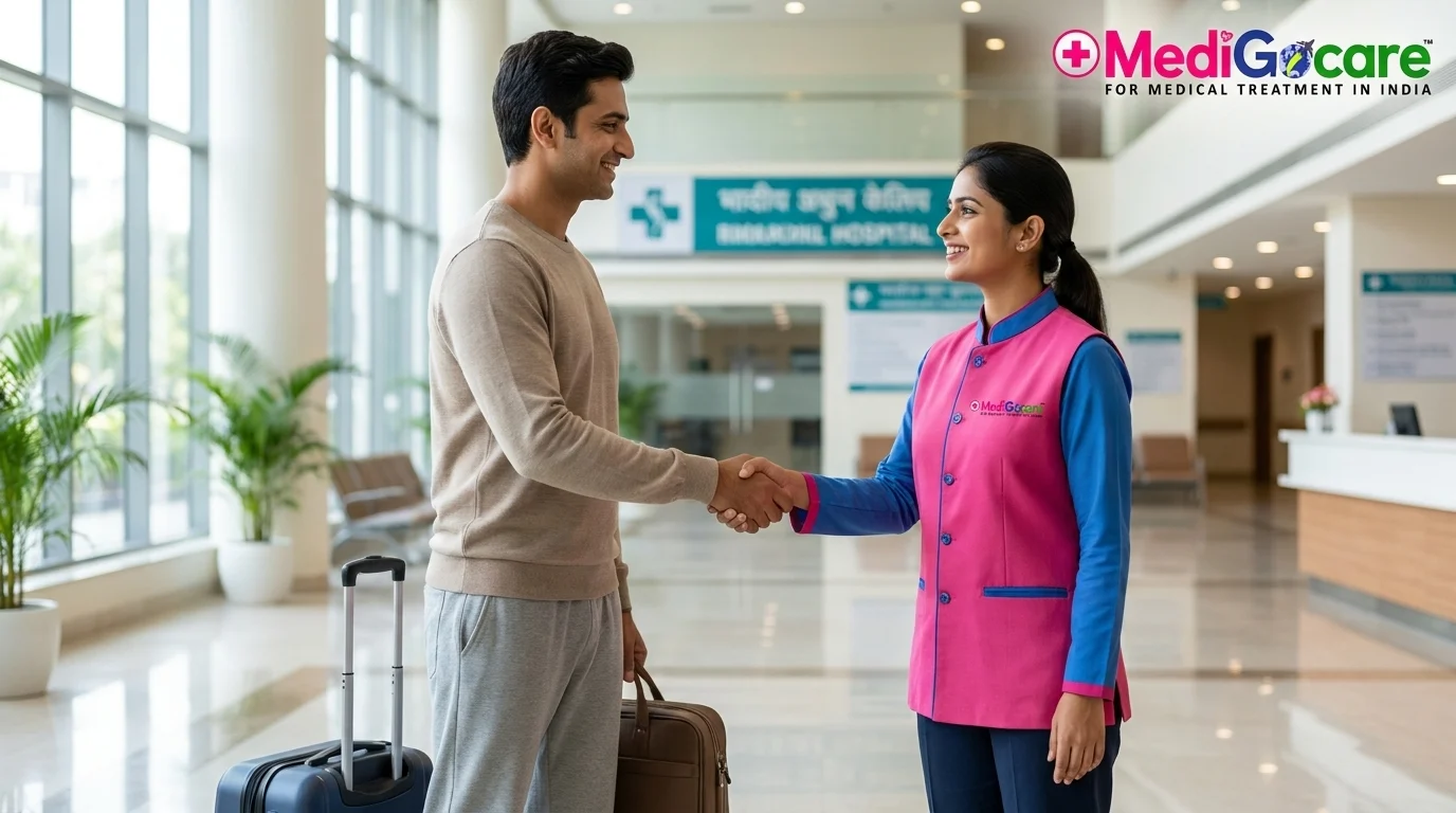 International patient being received at Delhi airport by Medigocare coordinator before amygdalotomy surgery in India