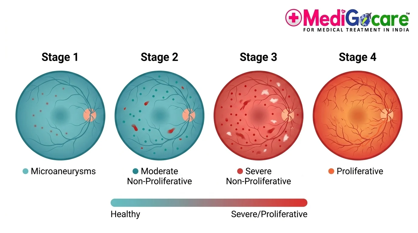 Four stages of diabetic retinopathy diagram mild to proliferative microaneurysms to new vessels