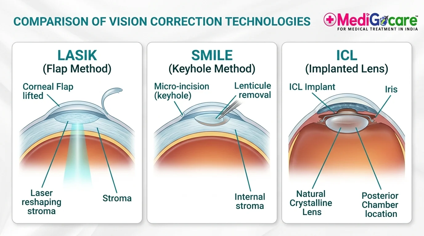 How LASIK SMILE and ICL work diagrams corneal flap keyhole lenticule and implanted lens cross-section